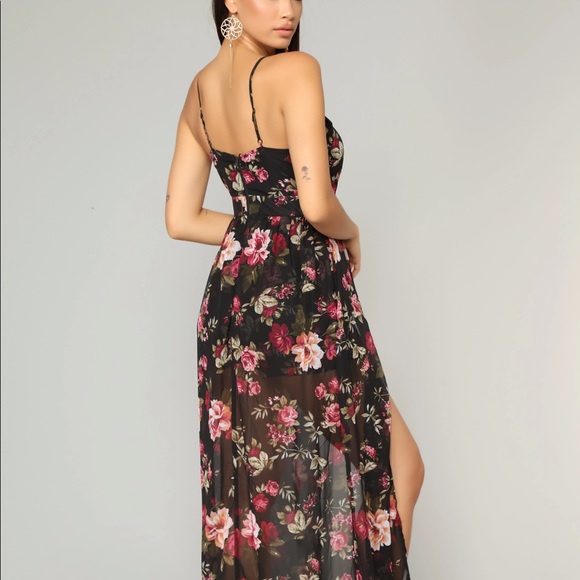 New Fashion Nova Black Floral Chiffon Maxi Romper - Picture 4 of 5
